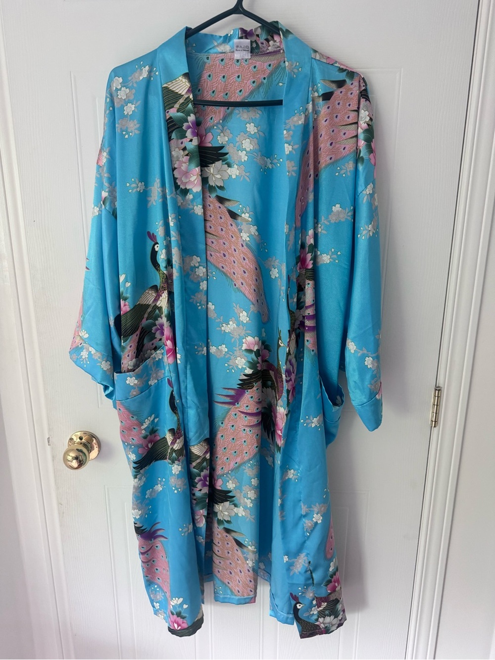 Blue Peacock Print Satin Kimono Robe silk